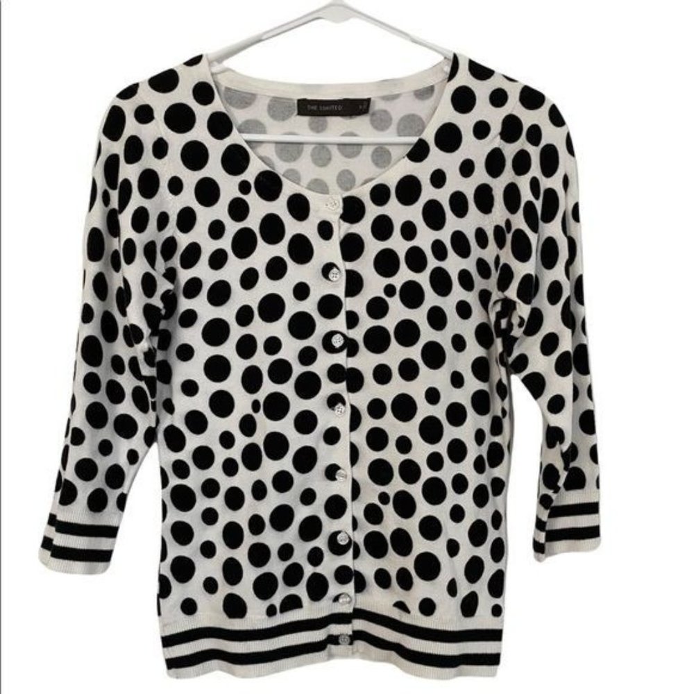 The Limited Button Down Sweater SZ Small Black & light cream Polka Dot